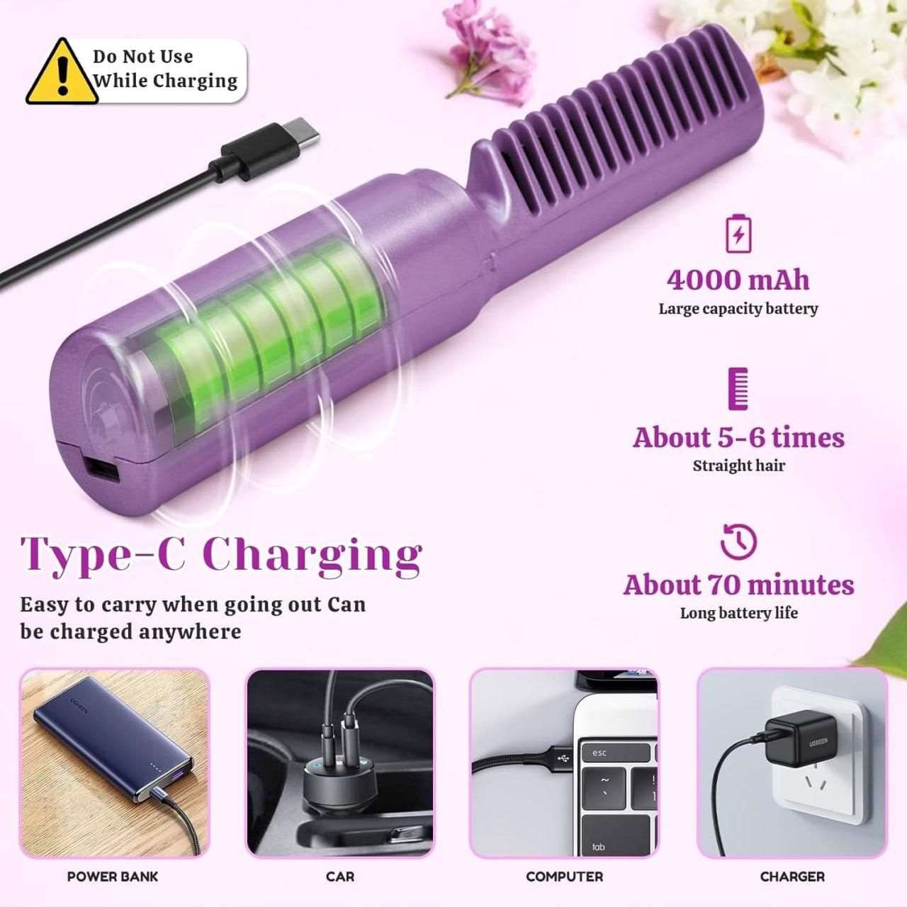 Meneflix Portable Mini Hair Straightener Cordless Rechargeable Mini Adjustable Hair Straightener Hot Comb - Zynocruze