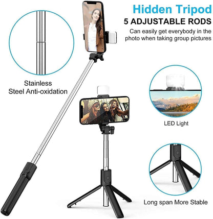 Extendable Flash 3-in-1 Selfie Stick Tripod with Bluetooth Remote - Zynocruze